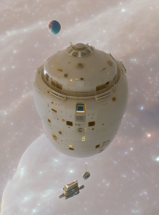 Spherical spacecraft with windows and hatches in space with Earth-like planet