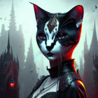 Stylized anthropomorphic cat in medieval armor against gothic castle