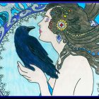 Art Nouveau Woman Illustration with Flowing Hair and Floral Designs on Blue Background