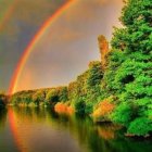 Tranquil forest scene with diverse trees and boat reflected in lake