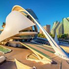 Futuristic desert cityscape with spaceship and dome-shaped buildings