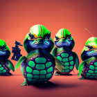 Colorful Stylized Turtles with Vivid Shell Patterns on Red Background