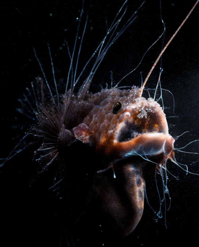 Deep-sea anglerfish with long filaments and glowing lure in dark underwater scene