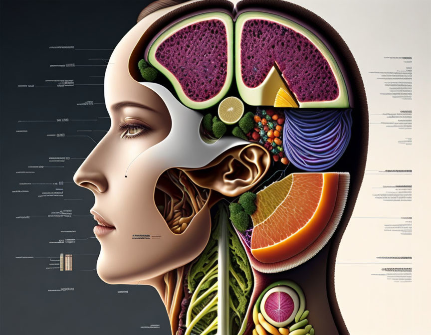 Illustration: Human head filled with fruits and vegetables depicting brain, organs, and systems.