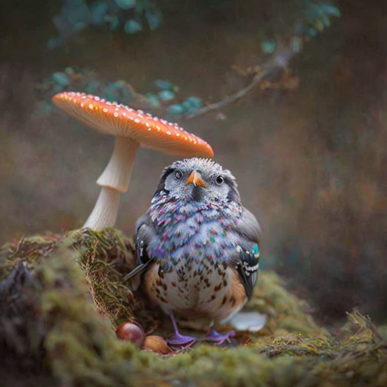 Colorful Plump Bird Perched Under Large Mushroom in Forest