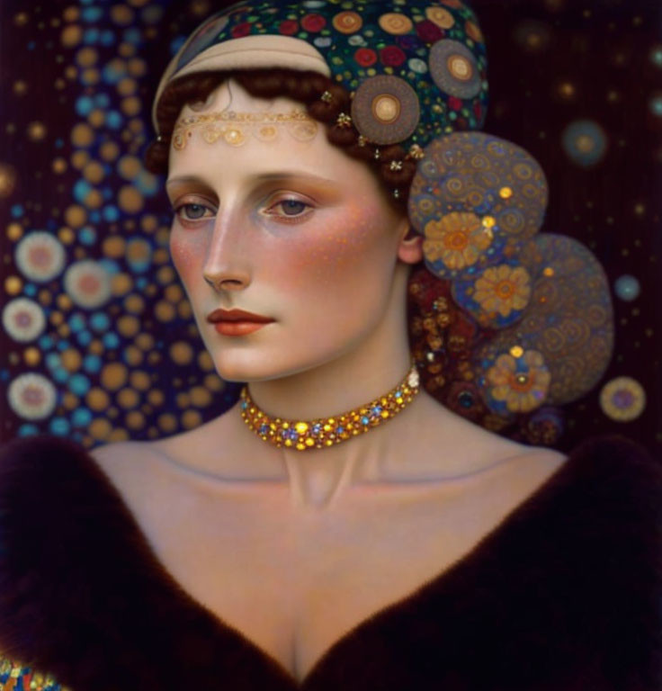 Digital Artwork of Woman with Ornate Headdress and Fur Garment