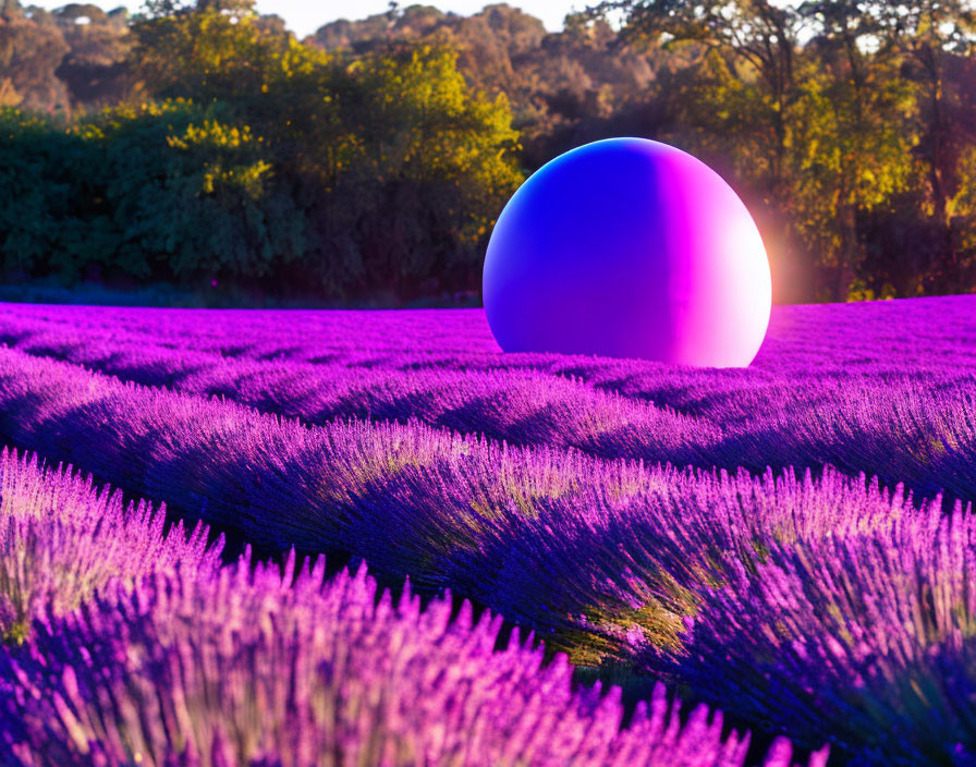 Purple Sphere in Lavender Field at Sunset