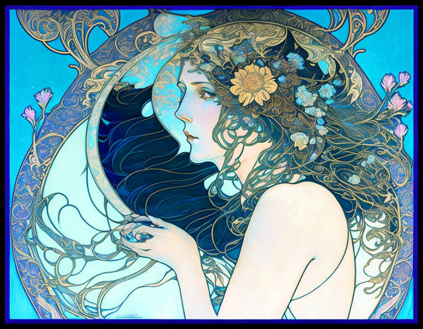 Art Nouveau Woman Illustration with Flowing Hair and Floral Designs on Blue Background