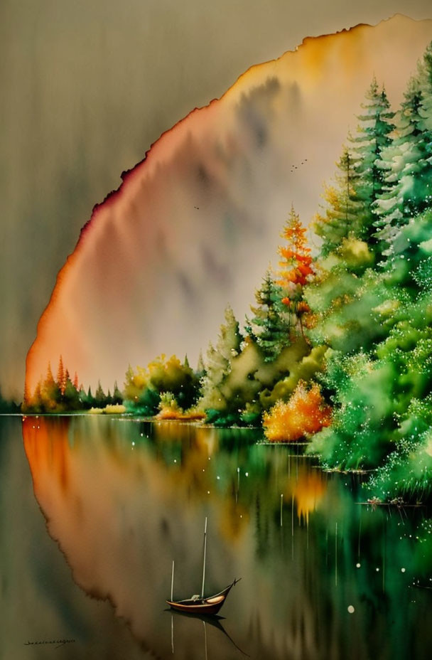 Tranquil forest scene with diverse trees and boat reflected in lake