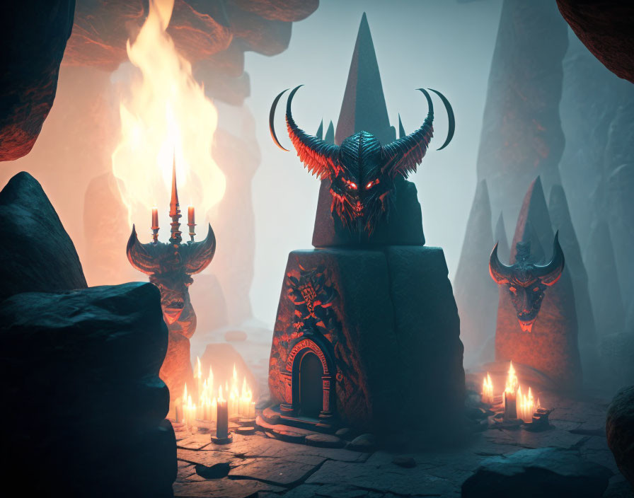 Fantasy scene: Large horned skull on spire with torches and smaller skulls in cave