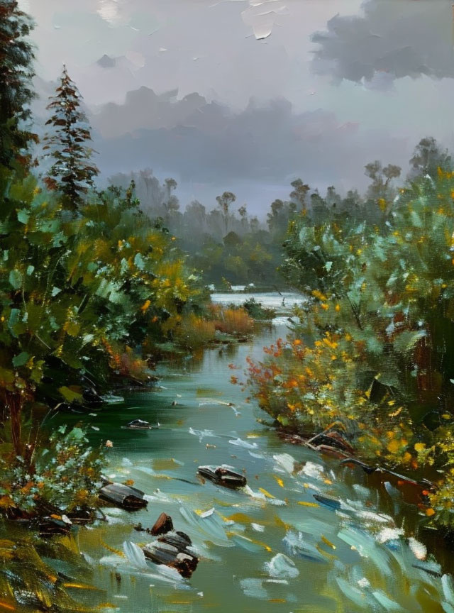 Tranquil forest stream with lush greenery under overcast skies