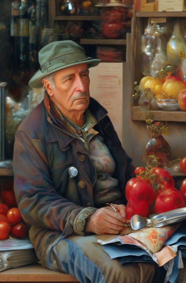 Elderly man in hat and jacket at market stall with fresh pomegranates and weighing scale