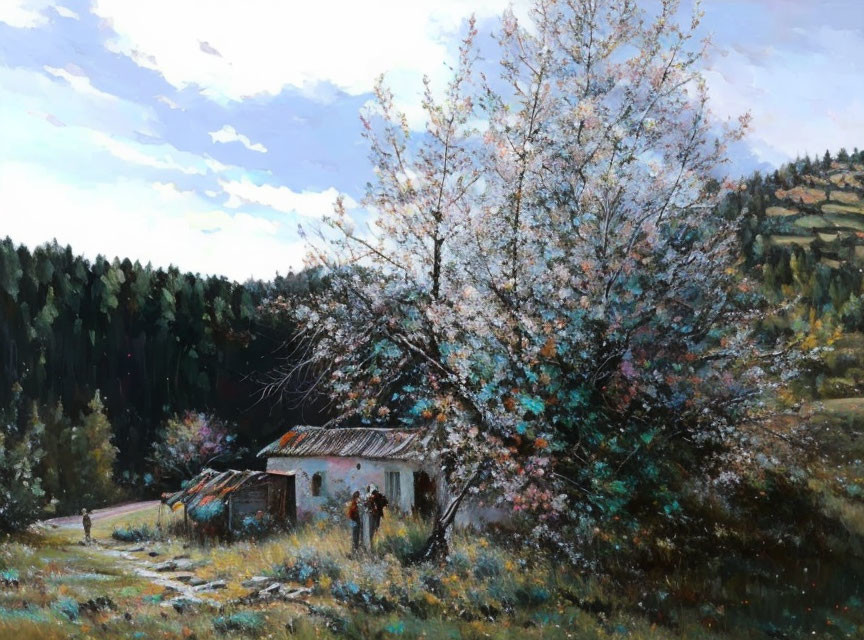 Rural landscape with blossoming tree and countryside house