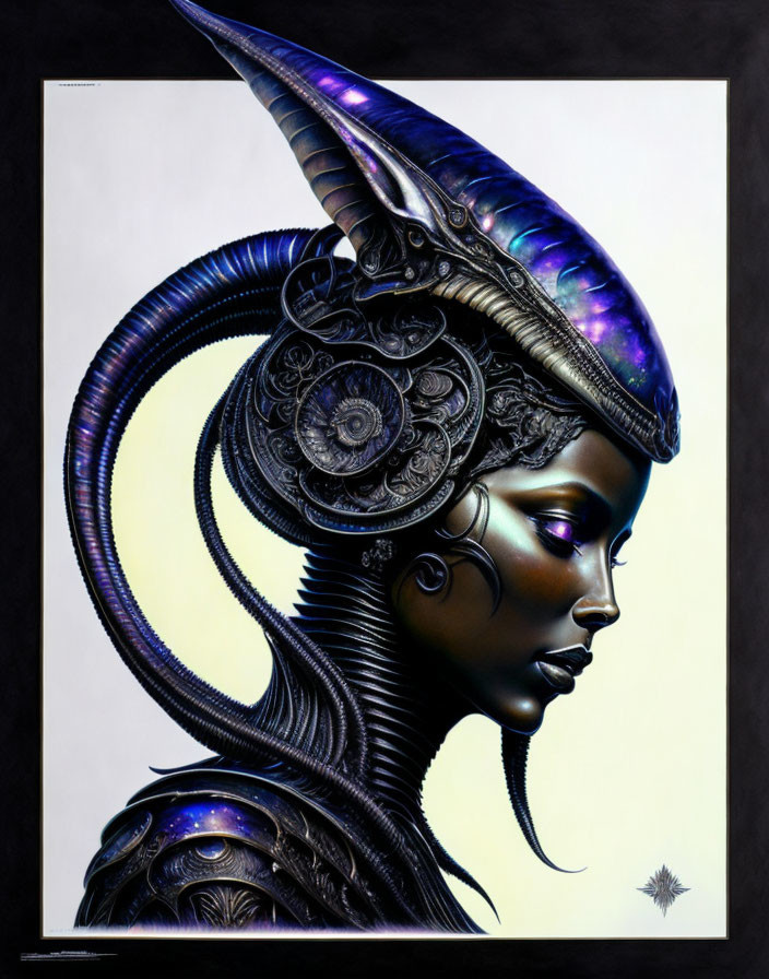 Woman in Dark Futuristic Armor with Elaborate Helmet