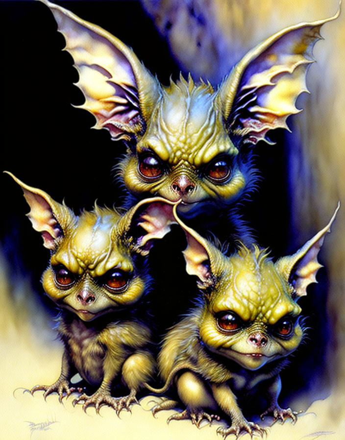 Three horned bat-like creatures with yellow eyes and sharp teeth huddled together, detailed fur, and