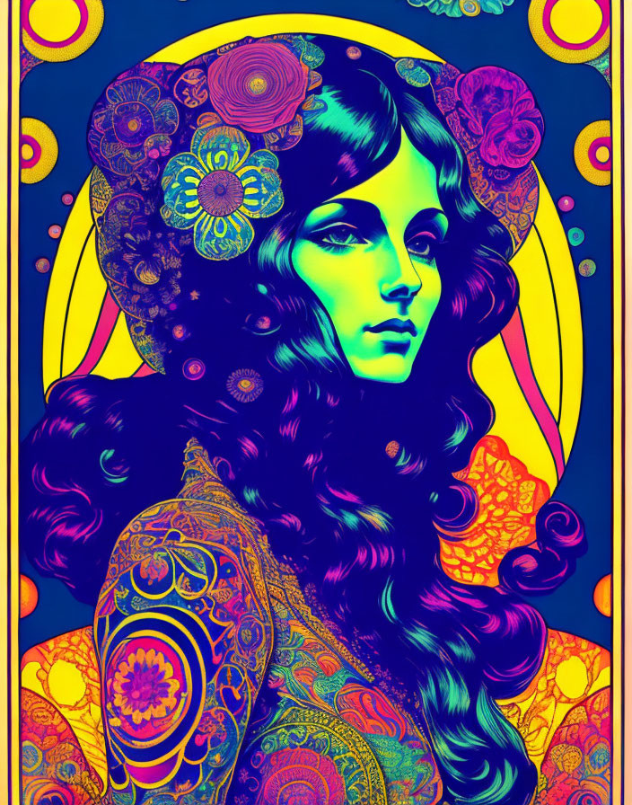 Colorful psychedelic woman with flowing hair and floral patterns