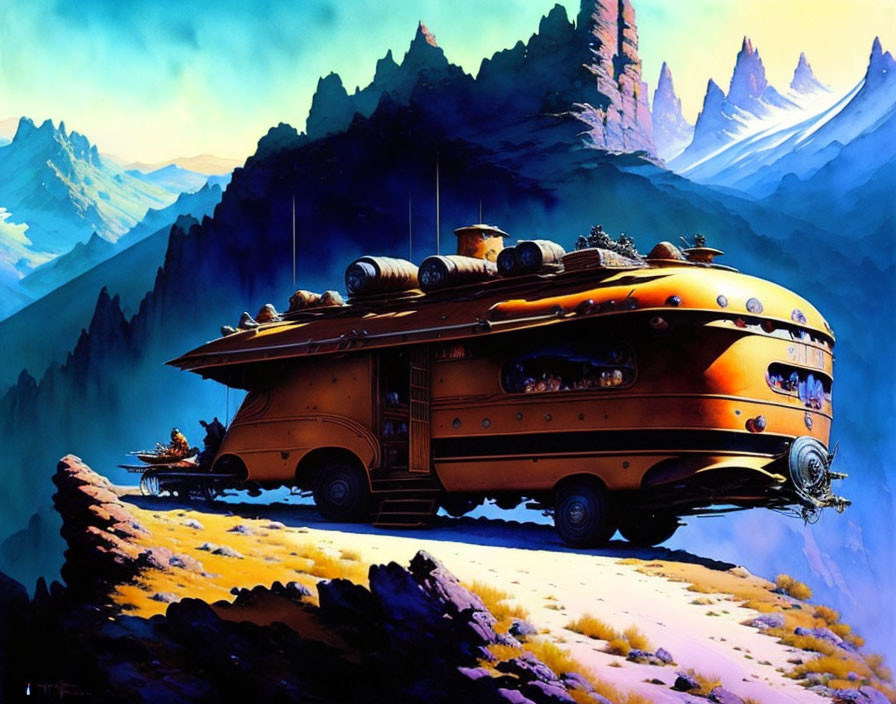 Yellow-Orange Futuristic Vehicle in Rocky Landscape