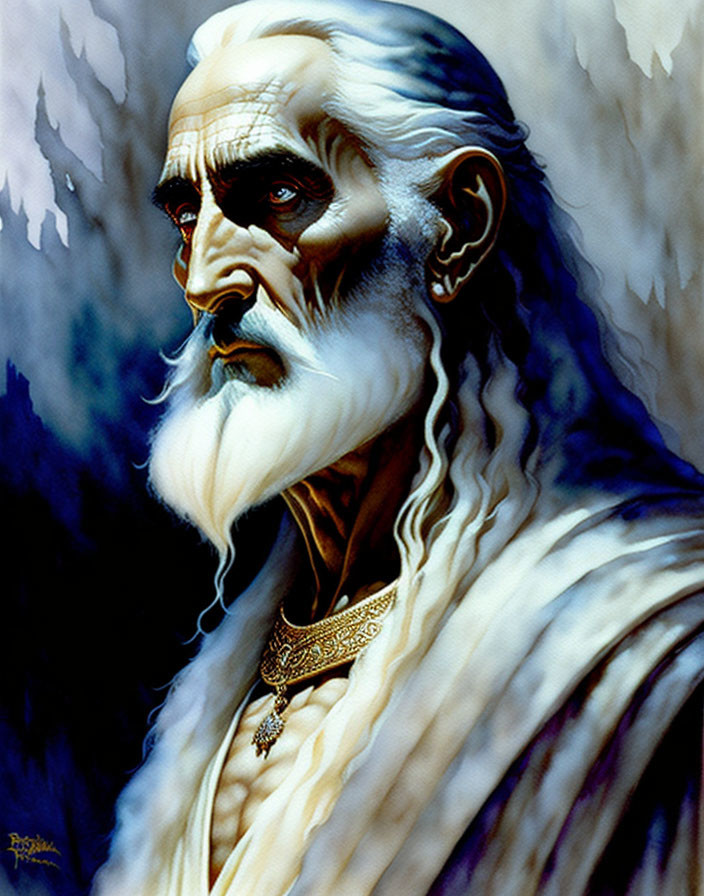 Regal old man with long white beard and cloak