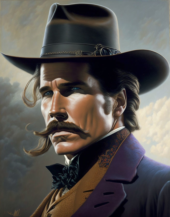 Man with Mustache in Cowboy Hat & Purple Western Suit