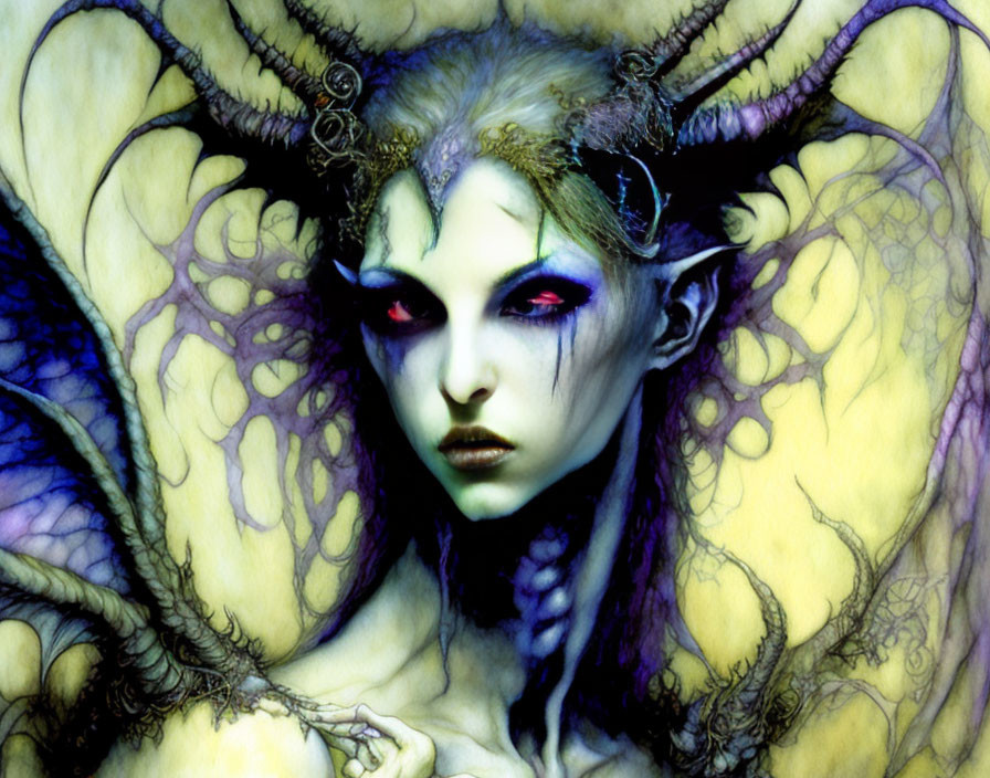 Fantasy illustration of pale-skinned creature with pointed ears and vibrant purple eyes, surrounded by intricate yellow