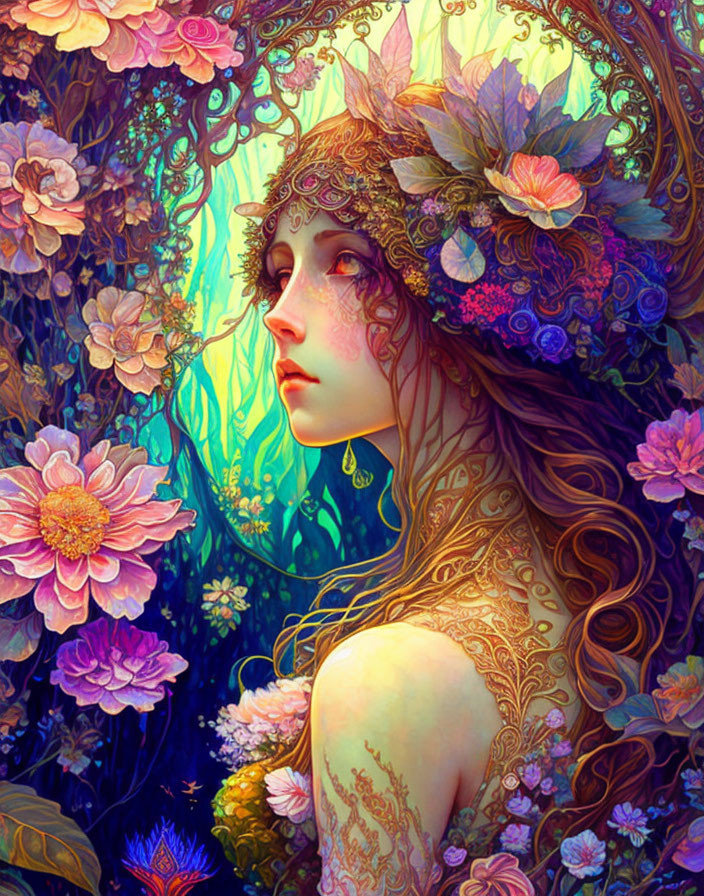 Fantastical image: Woman with floral adornments and body art in vibrant, whimsical flora.