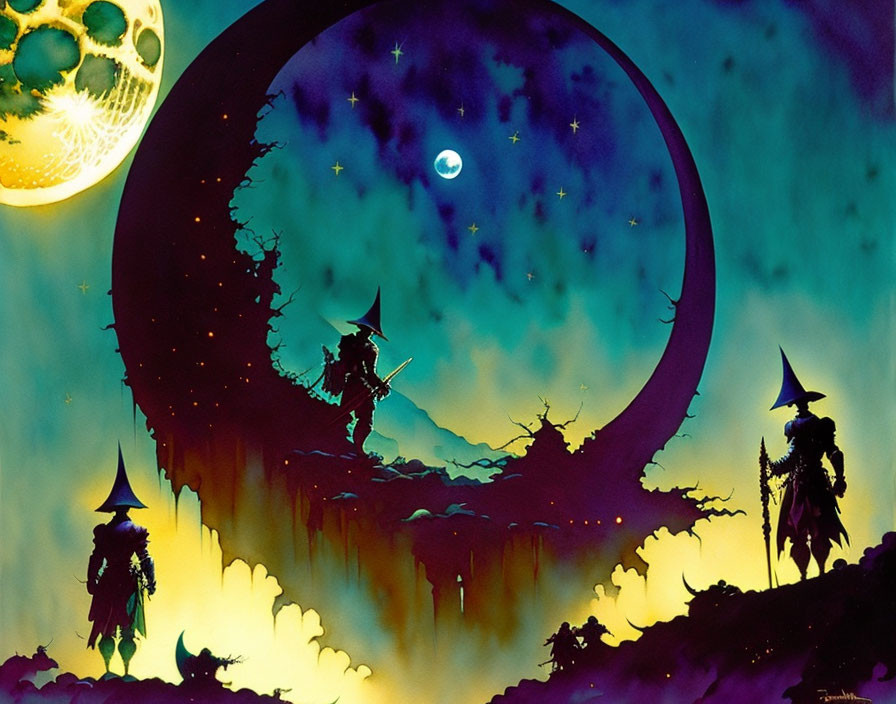 Three wizards silhouetted against vibrant fantasy backdrop