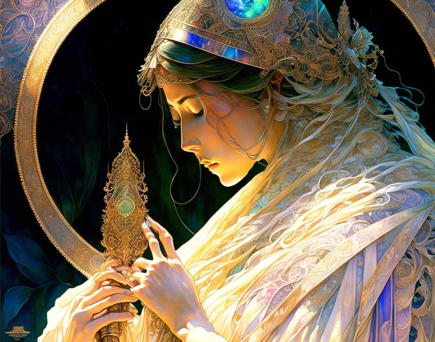 Ethereal woman in golden attire with jeweled crown holding ornate lamp