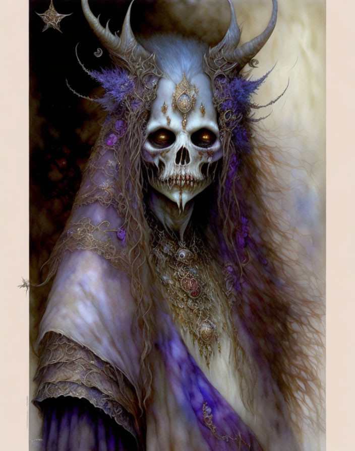 Skull-faced figure with horns in purple robes and jewel-like decorations