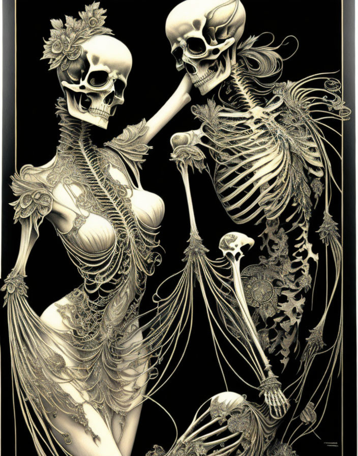 Artistic depiction of two skeletons touching, adorned with floral designs on dark background