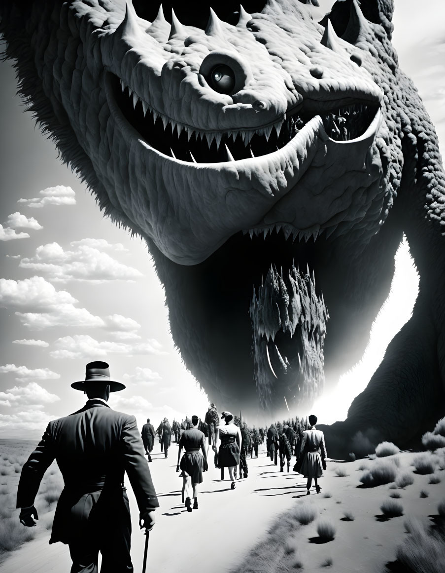 Monochrome image: Giant creature with sharp teeth faces crowd in hat, desert backdrop