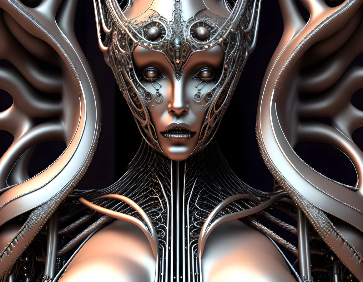 Futuristic being with silver headgear and intricate neck design on abstract background