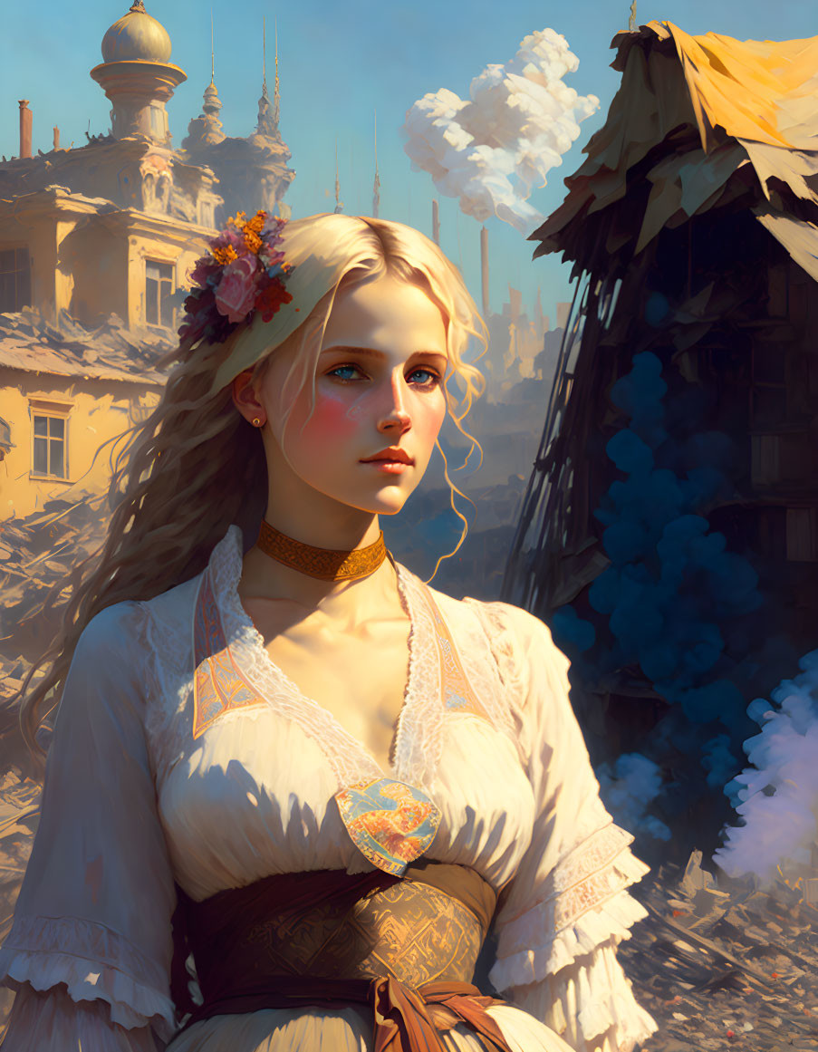 Digital painting of woman with flowers in hair, white blouse, brown corset, historical village backdrop