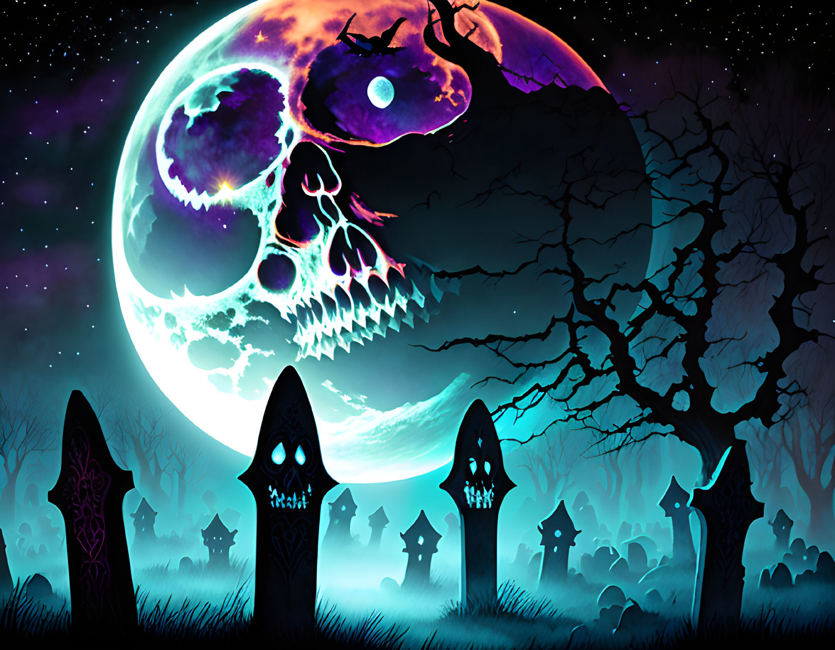 Eerie cemetery scene with spooky tombstones and skull moon