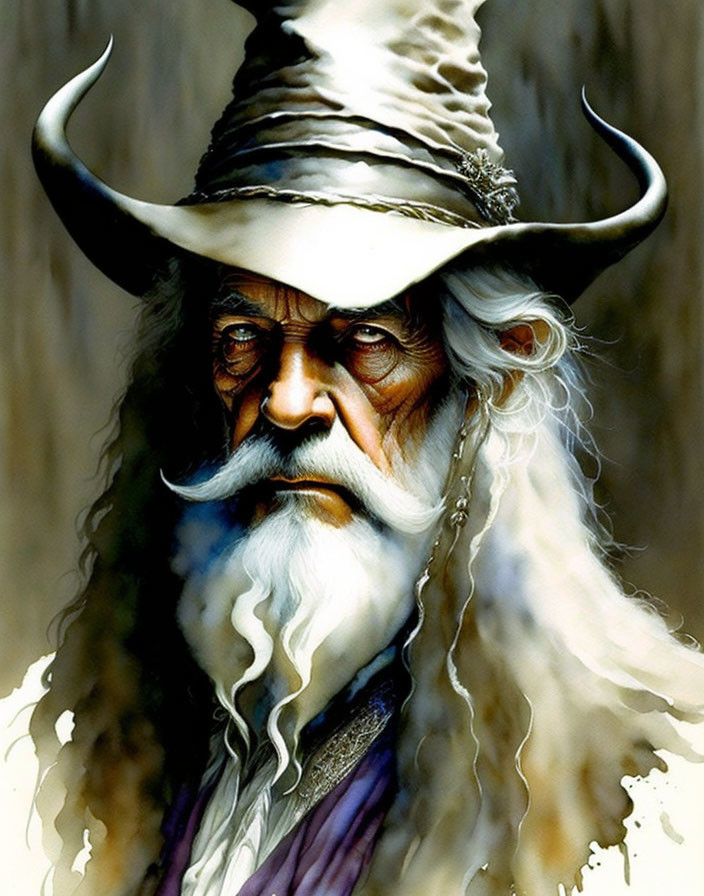 Wizard with Large Horns Hat, Long White Beard, Stern Expression