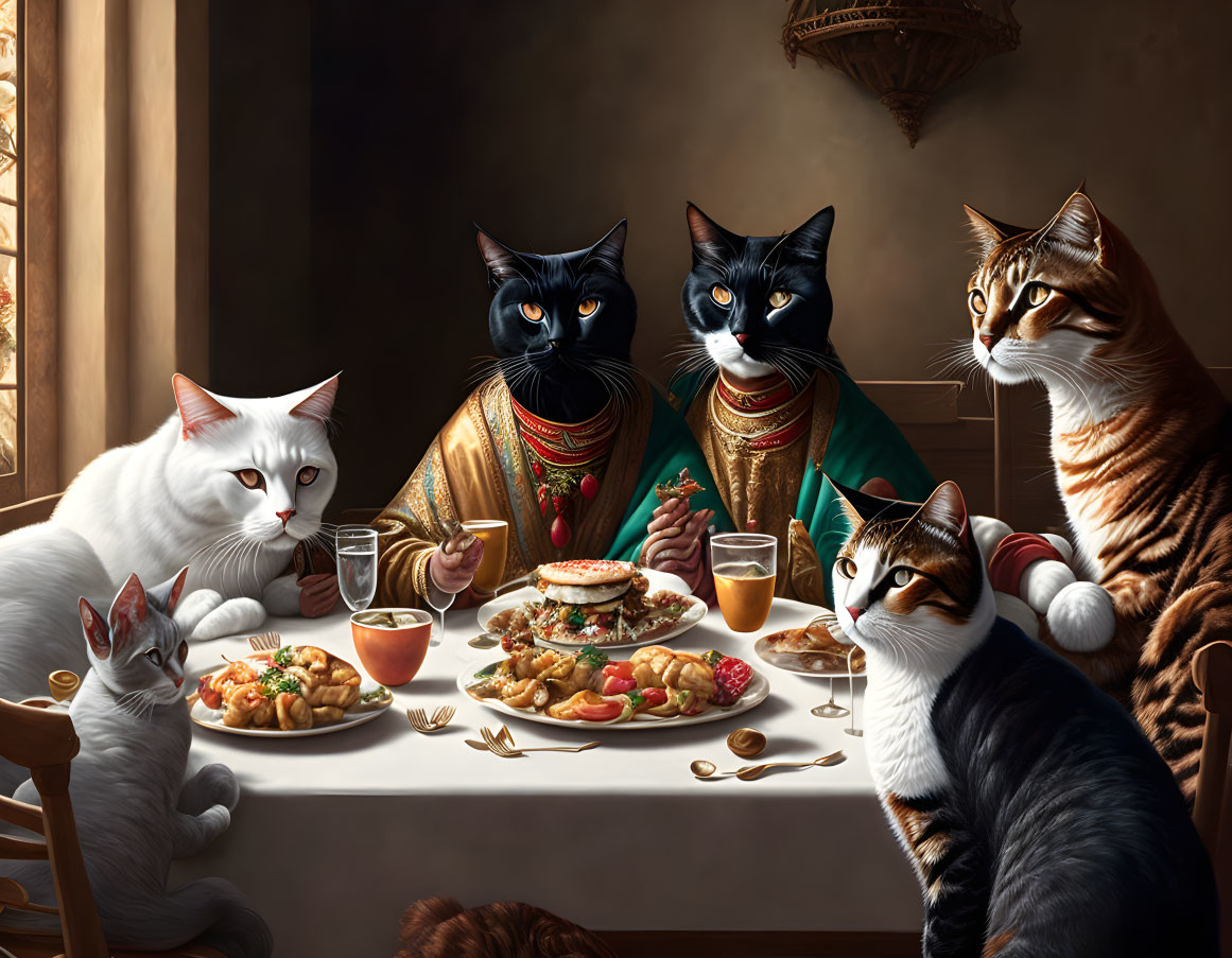 Five Cats in Renaissance Attire Dining Together at Table