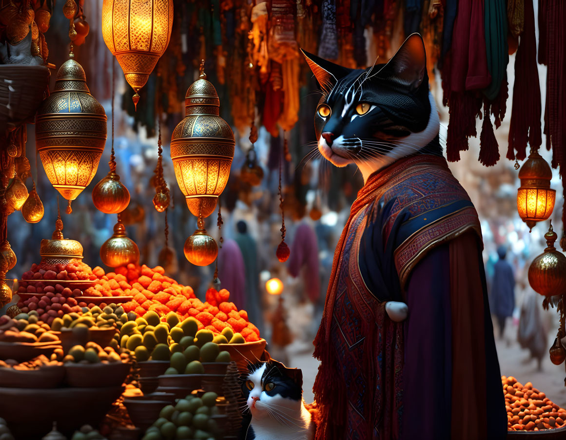 Colorful Market Scene: Anthropomorphic Cats, Hanging Lanterns & Fresh Fruits