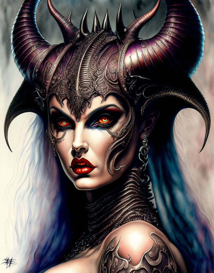 Illustration of woman with demonic horns and red eyes