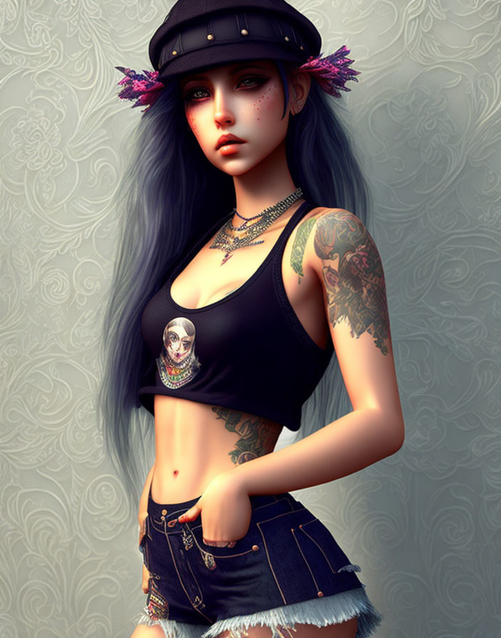 Stylized digital illustration: Woman with blue hair, tattoos, black cap, crop top against pattern