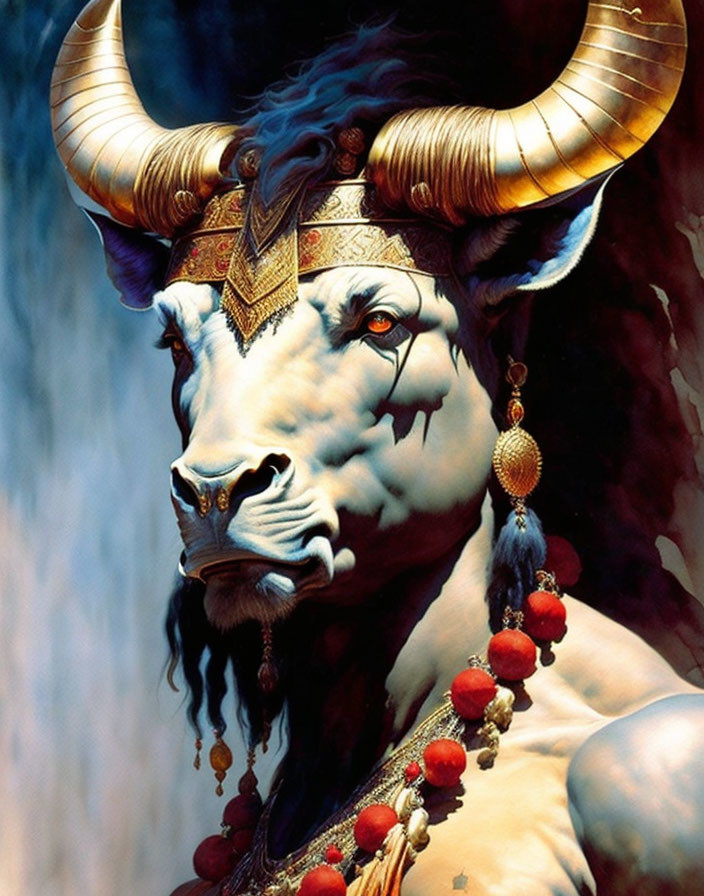 Elaborate horned anthropomorphic bull in golden headgear with red tassels