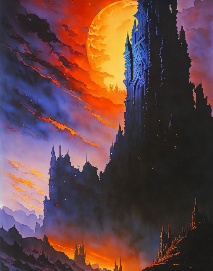 Fantastical gothic castle silhouette at vibrant sunset.