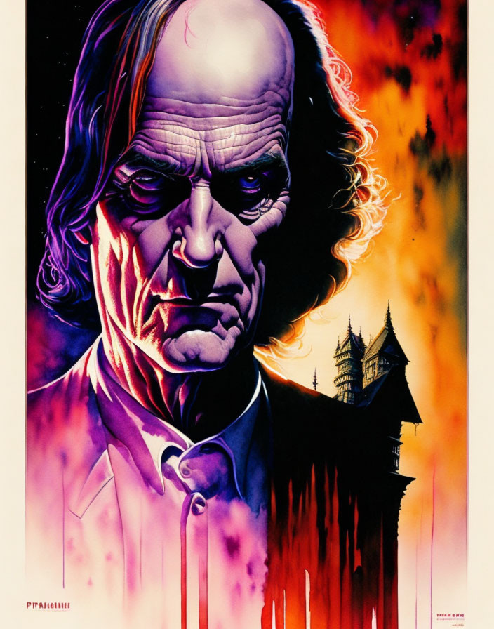 Illustrated poster: Stern-faced man, dark castle, red & yellow sky