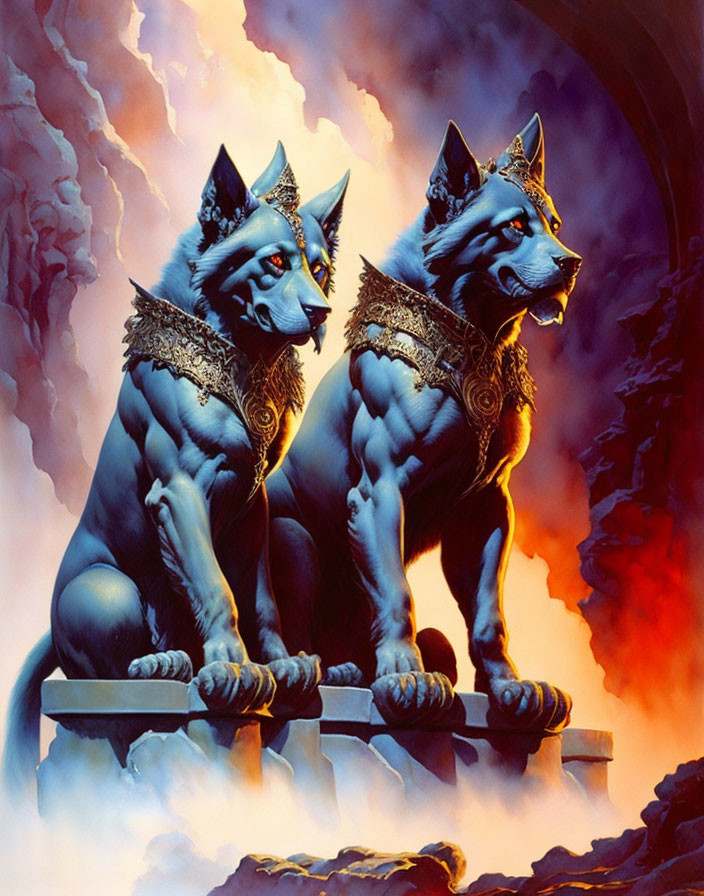 Majestic blue wolves in crowns and golden armor on fiery backdrop