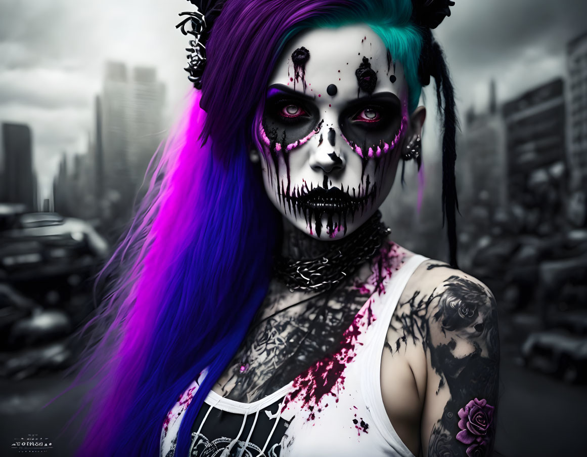 Skull makeup person with blue and purple hair in gothic cityscape.