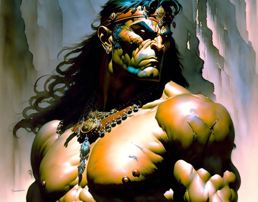 Muscular man with tribal face paint and feathers in hair standing confidently