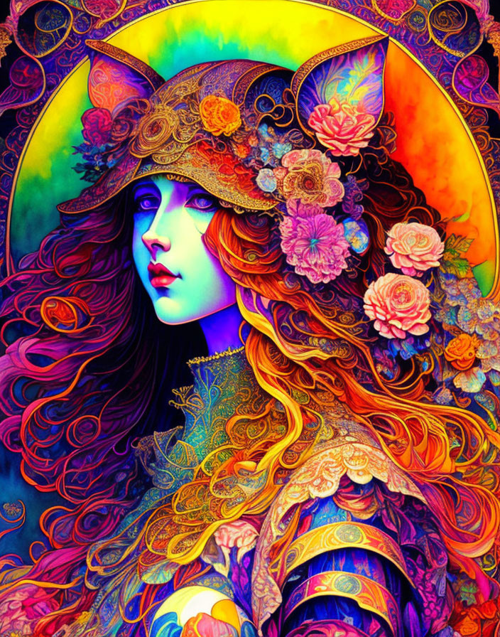 Colorful Psychedelic Portrait of Woman with Floral Hat and Flowing Hair