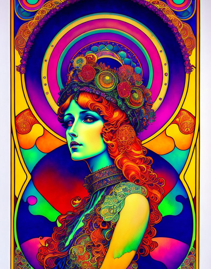 Colorful Psychedelic Portrait of Woman with Ornate Headwear