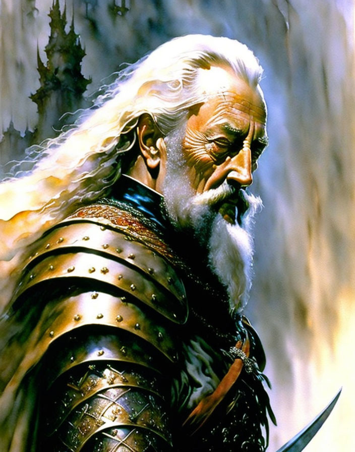 Elderly man in regal armor with sword in mystical setting