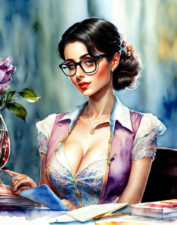 Colorful illustration of woman with glasses and bun hairstyle by flower vase and books