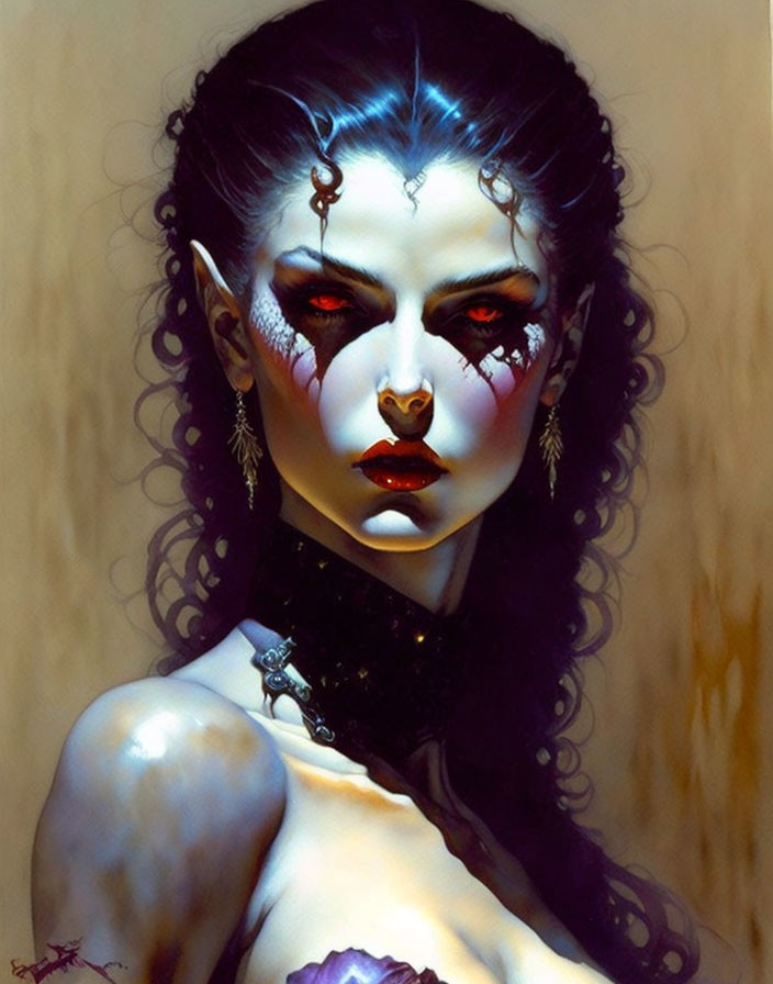 Fantasy female figure with pale skin, dark hair, red eyes, ornate ear jewelry, and