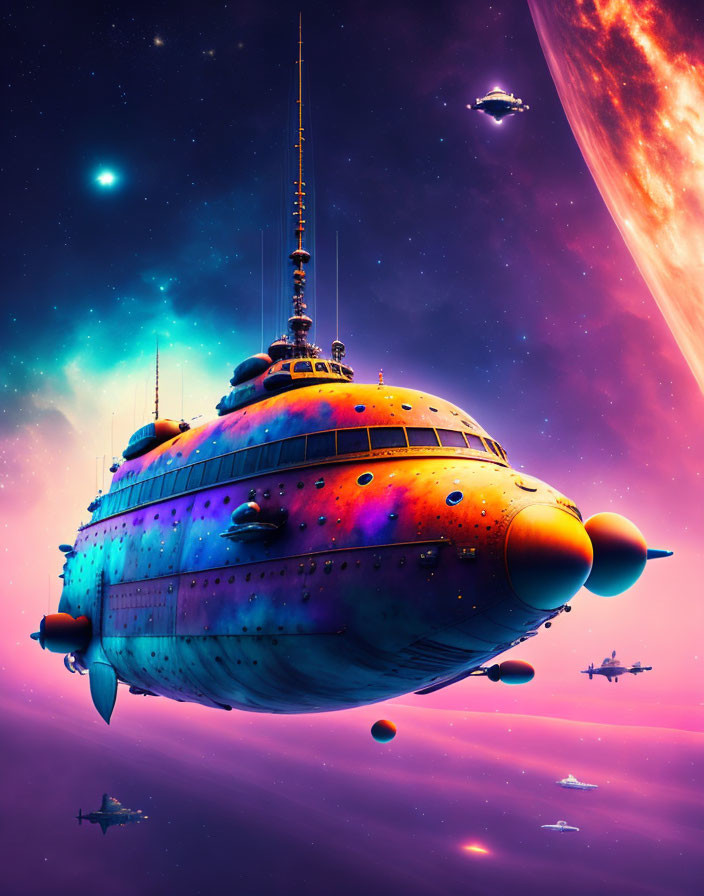 Detailed Sci-Fi Scene: Large Spaceship, Colorful Nebulae & Giant Planet